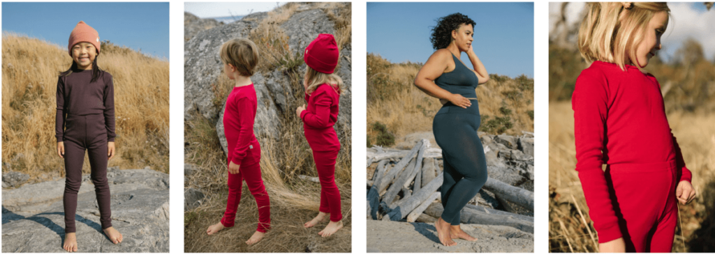 Four product shots, side by side, of Simply Merino base layers for kids and women.