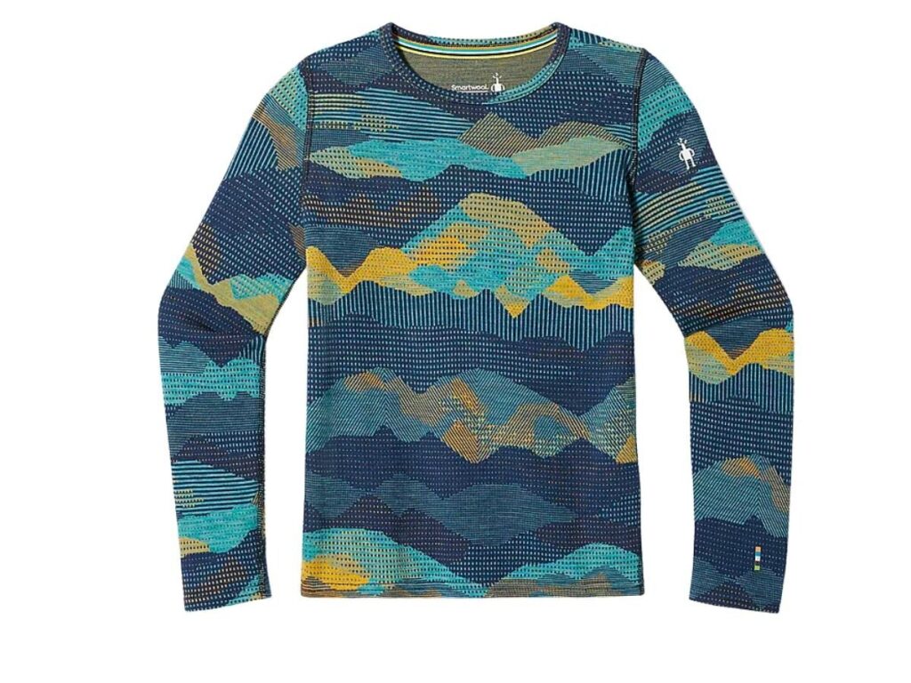 A colorful base layer shirt for kids from Smartwool.